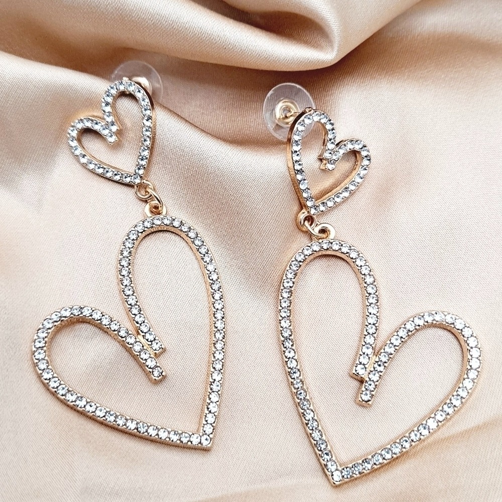 Gold Hoop chunky earrings dangle rhinestone Hearts Romantic statement 💖2/$30